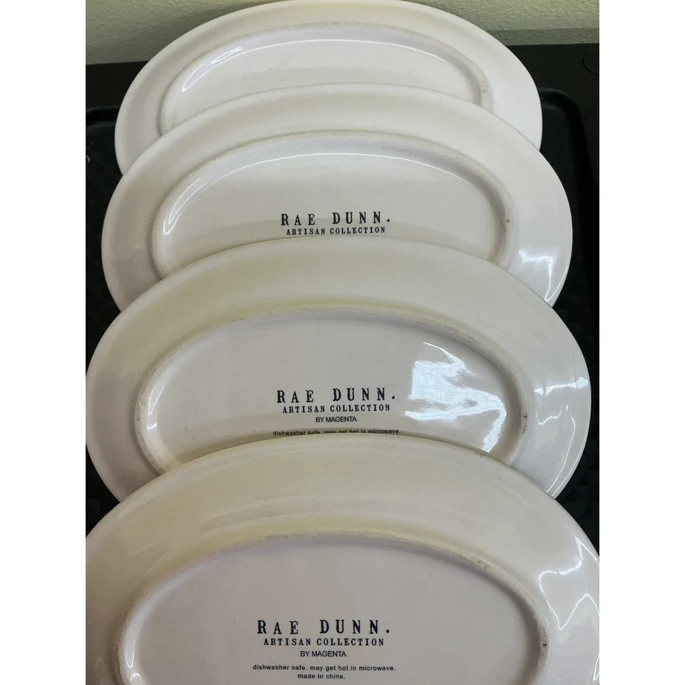 Rae Dunn Lets Eat Oval Appetizer Plates Set of 4 Cream Ceramic Farmhouse Magenta